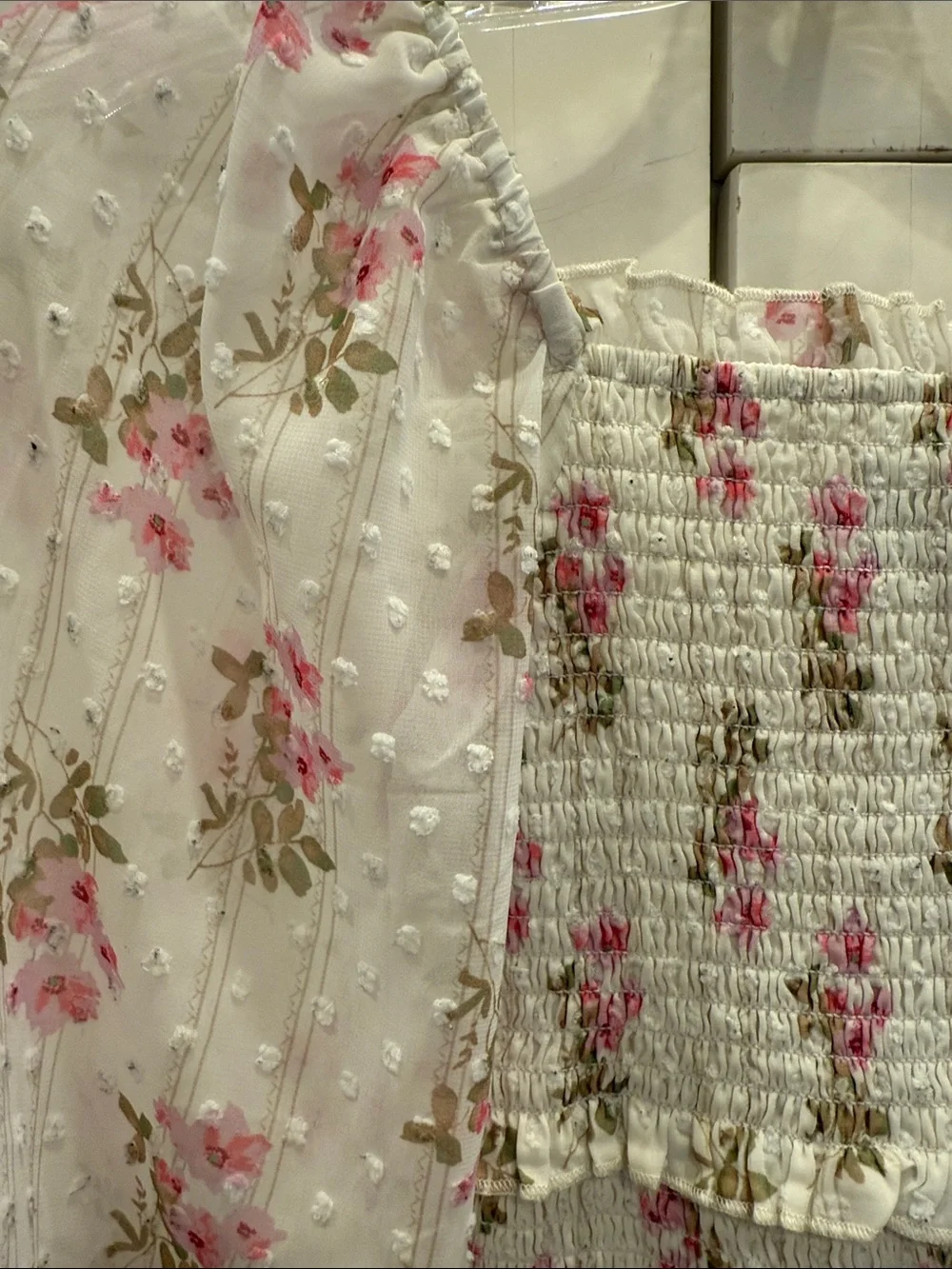 Katie J NYC White Floral Smocked Dress with Pink Blooms